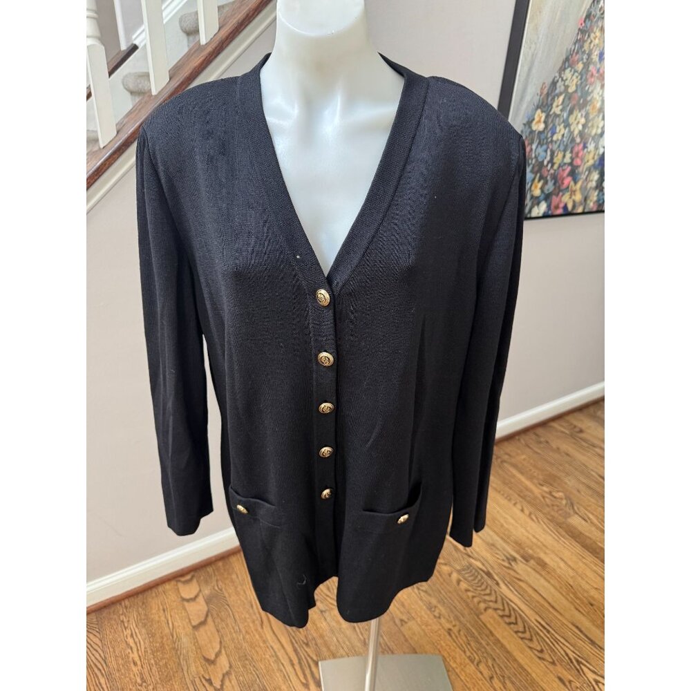 ST JOHN Basics Black Santana Knit Long V Neck Cardigan Gold Buttons Size 16